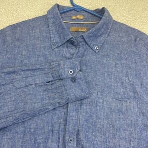 Bruno Men's Button Down Shirt XL Denim Blue Washable Linen Blend Preppy Coastal
